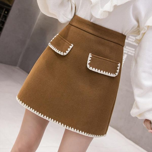 

korean clothes zipper patchwork embroidery woolen mini skirts womens 2020 autumn spring fashion jupe femme khaki b9d418, Black