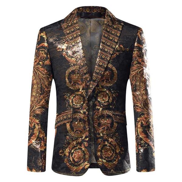 

luxury baroque party wear blazer men stage costumes slim fit blazer para hombre placement print gold yarn men outfit 201104, White;black