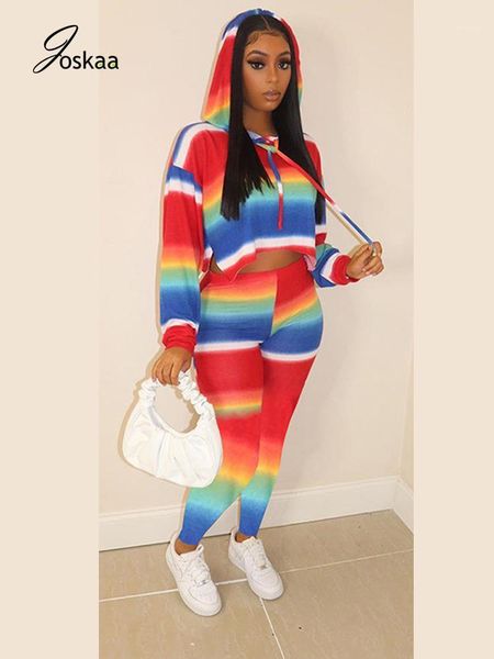 

joskaa rainbow print leisure chic two piece set long sleeve hooded drawstring loose casual crop elastic sweatpants tracksuit1, Gray