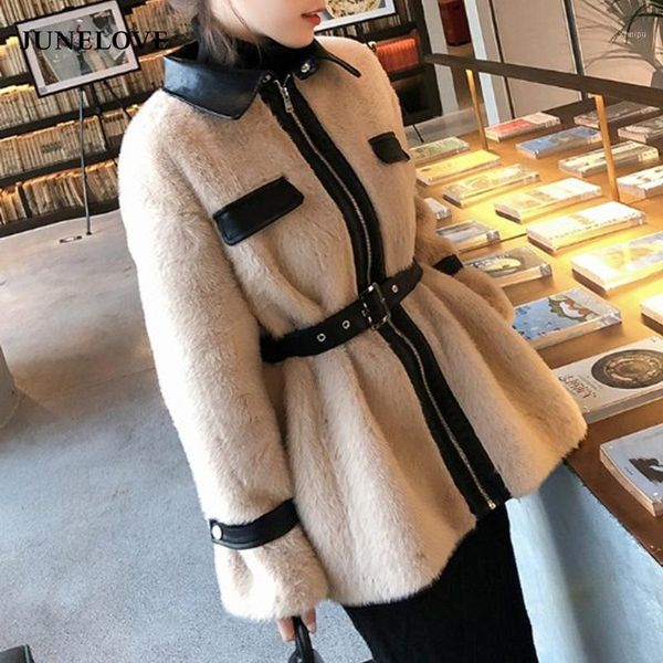 

junelove women winter pu faux leather jackets coats vintage patchwork female thick coats casual street belt lady warm outwears1, Black