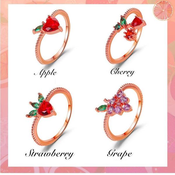 

fashion cute grape cherry crystal ring for women girls new design rhinestone fruit shaped finger jewelry party gifts, Golden;silver