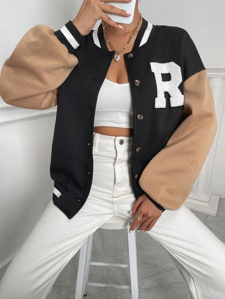 

letter patch detail drop shoulder colorblock bomber jacket h7vt#, Black;brown