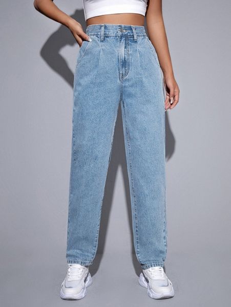 

high waist plicated detail jeans 15f2#, Blue