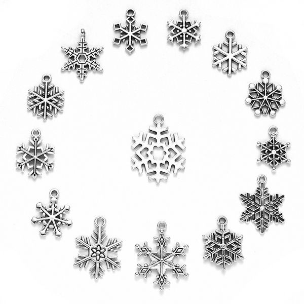

70pcs/set 14types metal antique silver christmas snowflake charm pendant for jewelry making diy bracelet necklace pendant component, Black