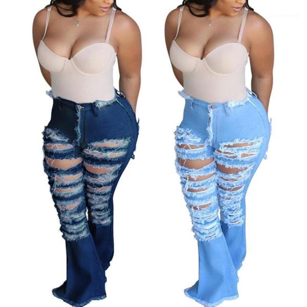 

women's jeans unique women solid ripped big size lady clubwear high waist hollow out tassels bodycon denim bell-bottomed pant1, Blue