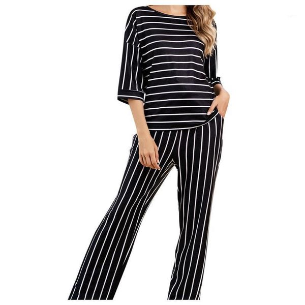 

2020 spring autumn home women's suit three-quarter sleeve round neck pullover + long pants suit casual striped elastic band1, Gray