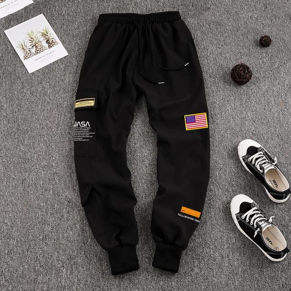 

men cargo pants usa flag letters printed streetwear space astronaut trousers sweatpants size pockets jogger sport track pants, Black