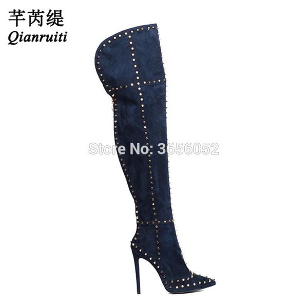 

qianruiti luxury thin heel long boots spiked shoes woman pointed toe stilettos thigh high boots rivet studded bota over the knee, Black