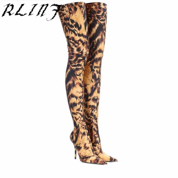 

boots rlinf thigh high over the knee for women shoes leopard print pointed toe super thin heels long size 34-48, Black