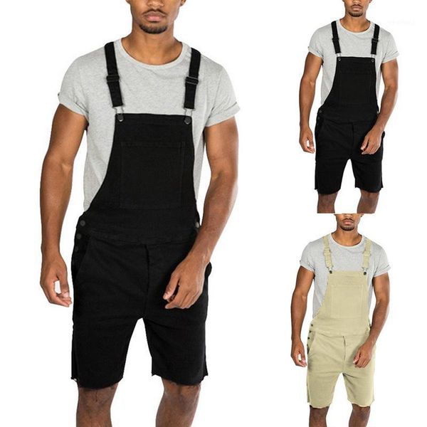 

2020 vintage men's jeans jumpsuits shorts summer retro distressed denim bib overalls for men male classic suspender short pants1, Blue