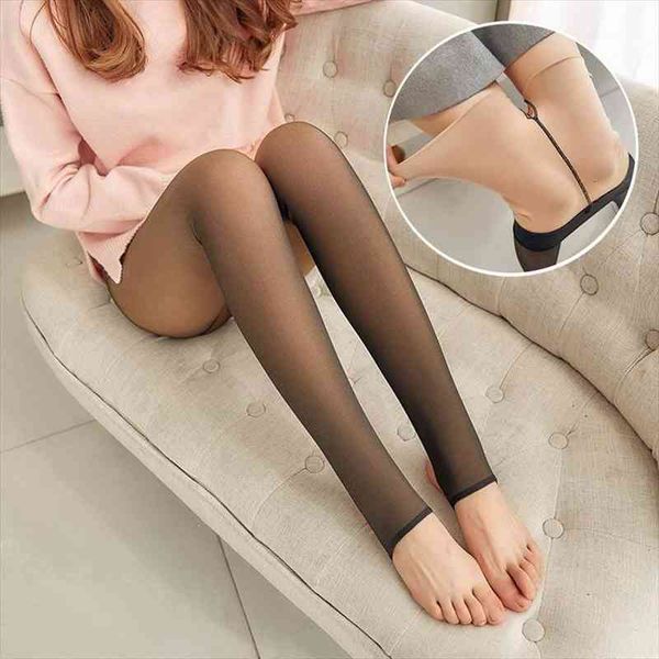 

winter fake translucent leggings women high waist slim tight leggins elasticity plus velvet warm leggings female, Black