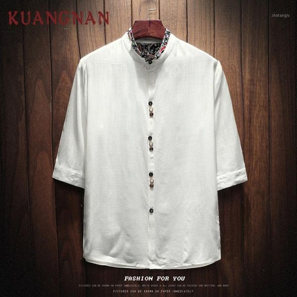 

kuangnan chinese style linen white shirt men streetwear men shirts casual slim fit shirt half sleeve 5xl clothing 2019 new1, White;black