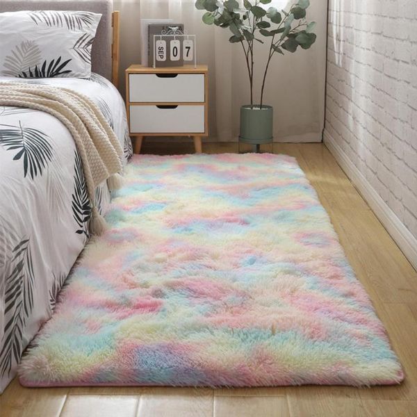 

colorful tie dye shaggy bedside carpet for bed room living room modern rainbow plush faux fur area rug fluy floor mat nordic30
