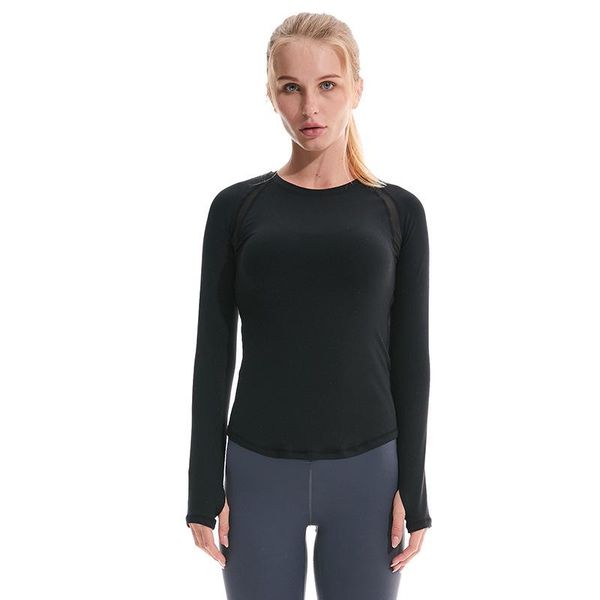 

gym clothing seamless t-shirt round neck yoga long-sleeved women mesh stitching preppy high elastic tight female running fitness clothe, White;black