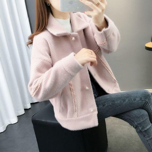 

women 2021 autumn winter imitation mink velvet short jackets female loose knit cardigan coats ladies loose warm outwears w564, White