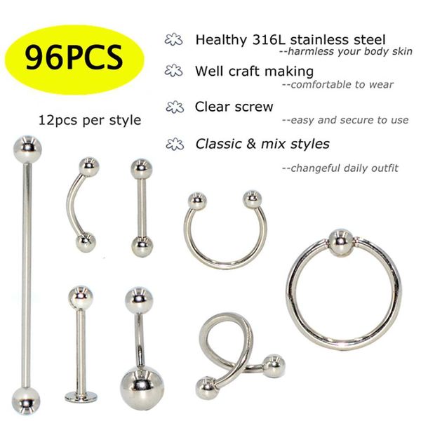 

96pcs body jewelry piercing lot steel nose horseshoe lip tongue eyebrow tragus body piercing navel belly ring barbell 14g 16g q bbykki, Silver