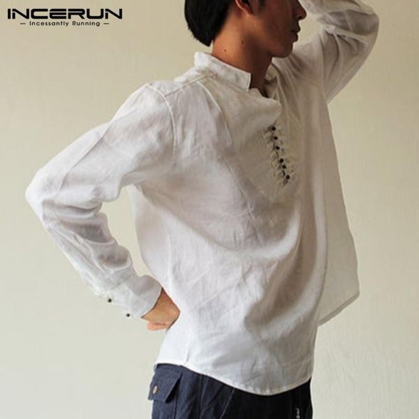 

vintage men long sleeve shirt cotton casual button stand collar 2020 solid ethnic style loose camisa men leisure shirts incerun, White;black