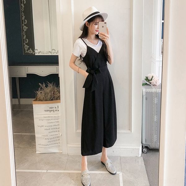 

bgzg8 new suspender sling jump wide-leg korean-style shortst-shirt shortspants knitted short-sleeved two-piece for women new korean-style su, Gray