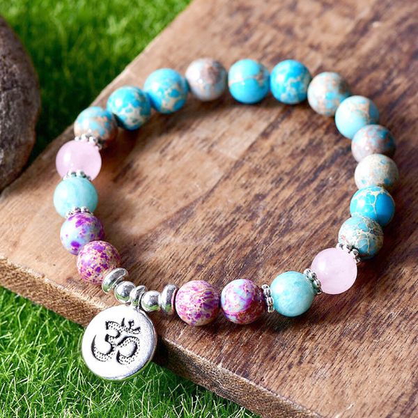 MG1341 Natural Blue Sea Sedimento Jasper Braceletes Amazonite Cura Pulseira Mulheres Yoga Mala Bracelete