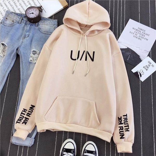 

fashion harajuku u n letter print hoodies women hooded sweatshirts autumn winter pullover loose casual pockets hoodie female, Black