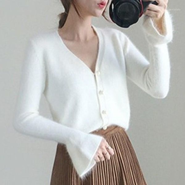 

women's sweaters the autumn and winter long-haired mink cashmere clothes short paragraph pearl button trumpet sleeves korean student sw, White;black