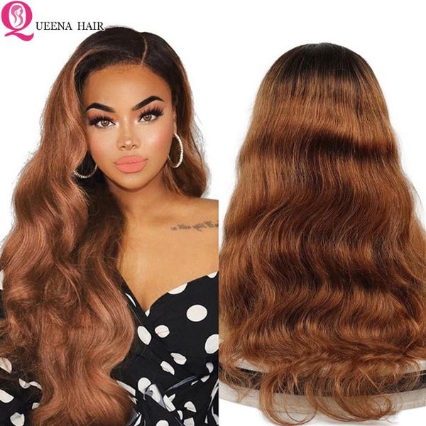 

lace wigs ombre front wig brown blonde 1b/30 human hair body wave remy malaysian closure, Black;brown