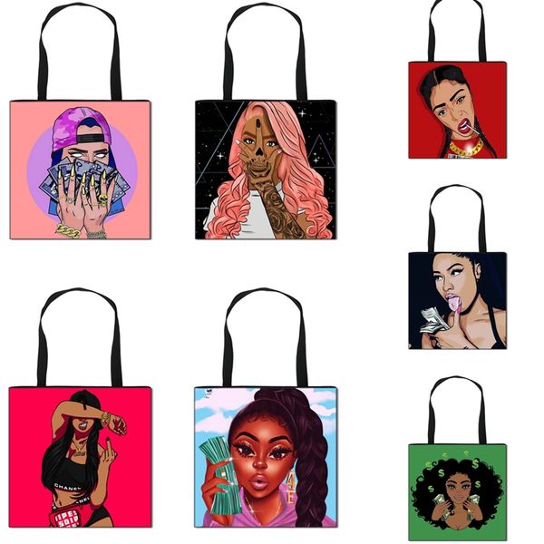 

afro girls shoulder bag cartoon printed handbag totes women crossbody bags large shopping folded bag tote outdoor designer handbags f102602, Black