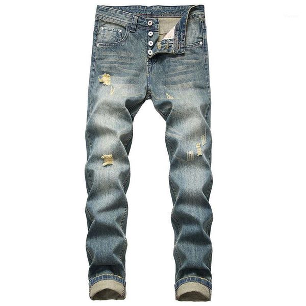 

casual fashion men jeans denim long brand four season plus size slim feet personality ripped men jeans1, Blue
