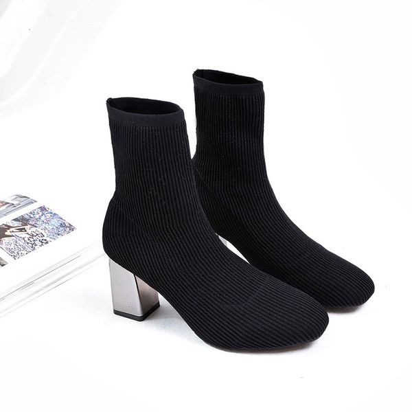 

2021 women socks ankle fashion shoes ladies autumn winter square toe high heels woman knitted boots new footwear hdqq, Black