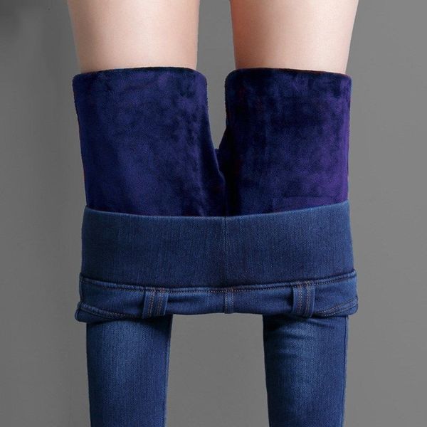 

winter blue skinny thick denim pencil pants women casual solid colors elastic high waist warm jeans cowboy butt lifting legging 210203