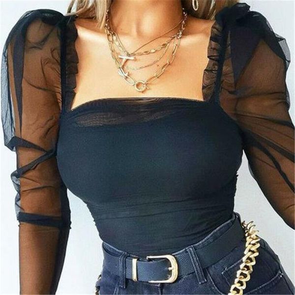 

женщины прозрачный блузы sheer сетки блуза puff рубашка с длинным рукавом топы puff рукавом, White