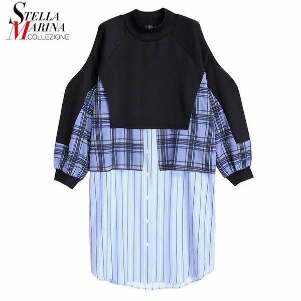 

new 2021 winter fashion woman long sleeve patchwork sweatshirt dress plaid stripes big size ladies casual streetwear dress 6986, Black;gray