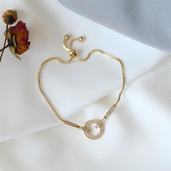 

fashion cubic zirconia circle pendant bracelet for women shiny crystal korean jewelry gifts simple round female bracelets, Golden;silver