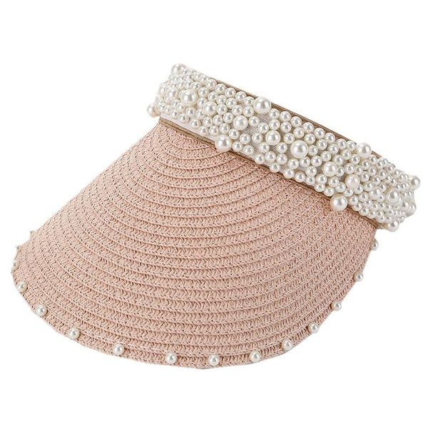 

hand sewn pearls empty hat literary wild small fresh straw hat, Blue;gray