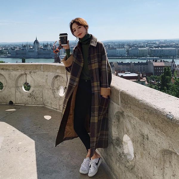 

2020 зима новое пальто женщин длинные сыпучие моды темперамент плед пальто высокого качества полушерстяные женщины пальто женщины шинель, Black