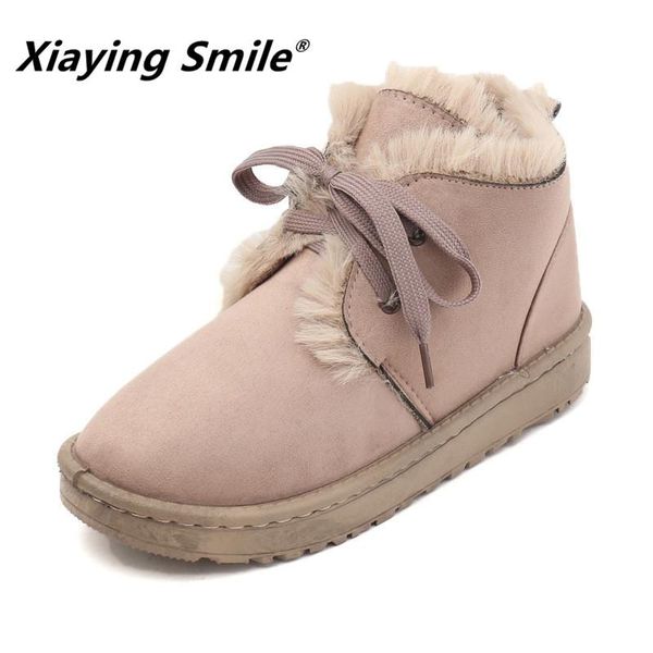 

xiaying smile women snow boots flock faux fur ankle boots winter short plush fashion casual shoes lace up rubber female shoes, Black