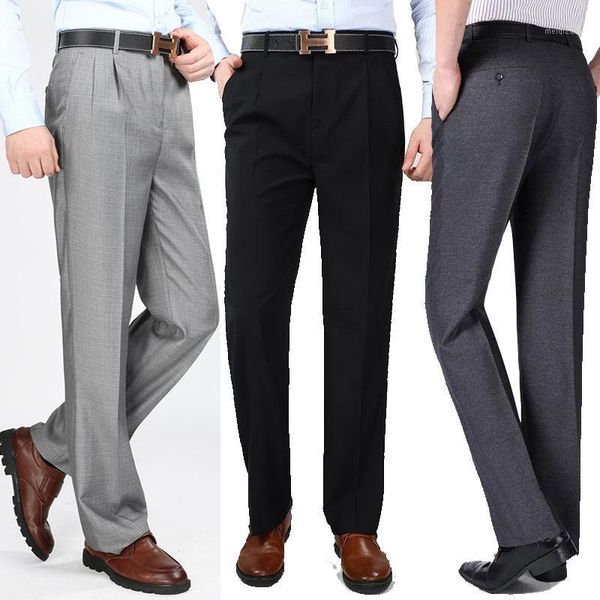 

new summer thin pleated smooth men trousers business casual men's suit pants fold anti wrinkle dress trousers high waist loose1, White;black
