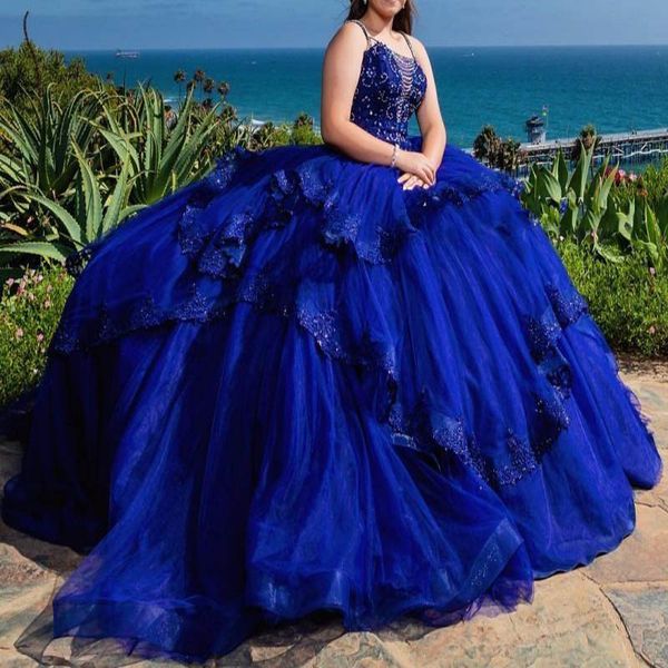 

royal blue quinceanera dresses spaghetti strap beading appliques sequin princess sweet 15 dress for pageant gown, Blue;red