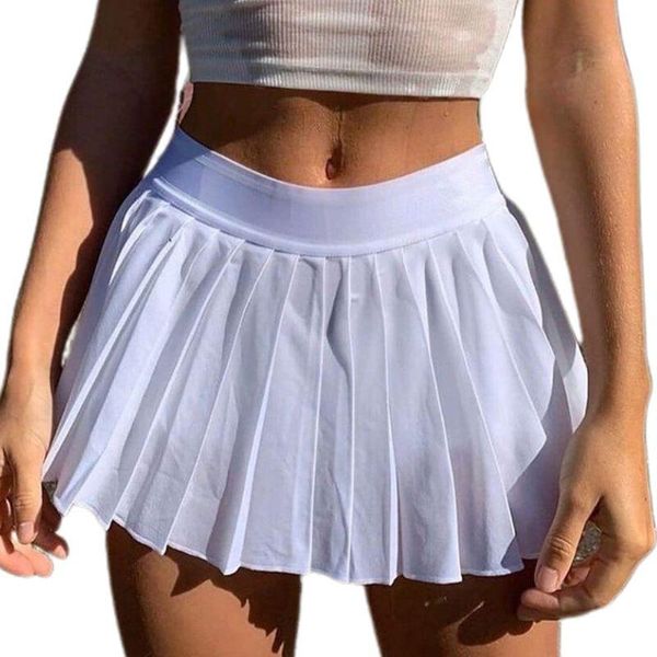 

women solid color pleated a-line mini skater skirt with safety underpants high waist tennis school girl uniforms, Black