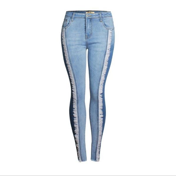 

women plus size tassel jeans stretchy patchworks denim skinny pencil pants casual high waist elasticity trousers for girls j2795, Blue