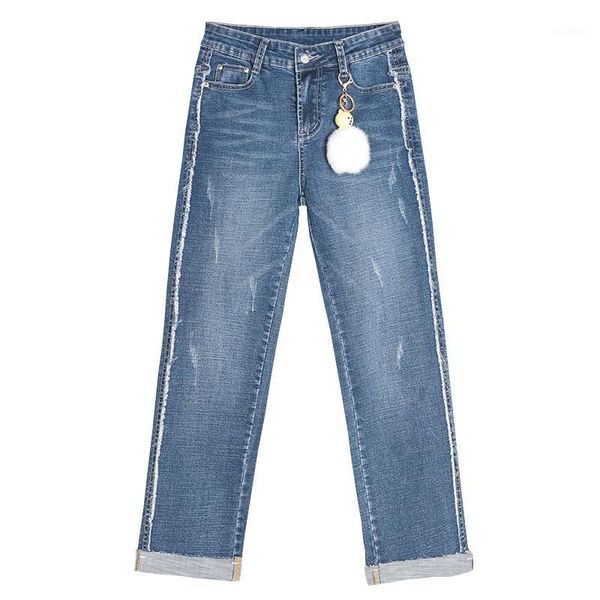 

new plus size all match straight stretch denim jeans for women 2020 loose ripped high waist women jeans ankle pants1, Blue