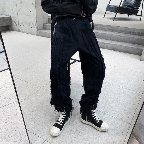 

men broken edge stripe splice casual straight pant male streetwear hip hop gothic black white trousers japan harajuku korea pant1