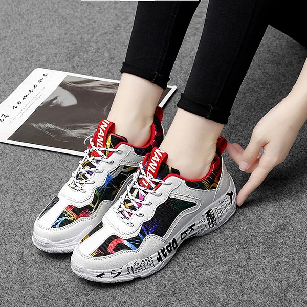 

graffiti size tuinanle casual fashion women 35-43 autumn woman ladies vulcanized white sneakers lover shoes, Black;red