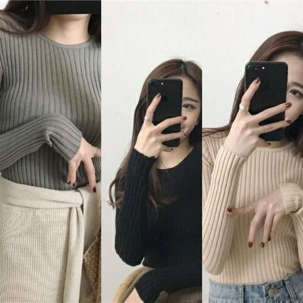 

0rwvw 2019 korean cored sweater shirt round neck style yarn base warm long sleeve slim fit knitted slimming shirt sweater for women smly2, White;black