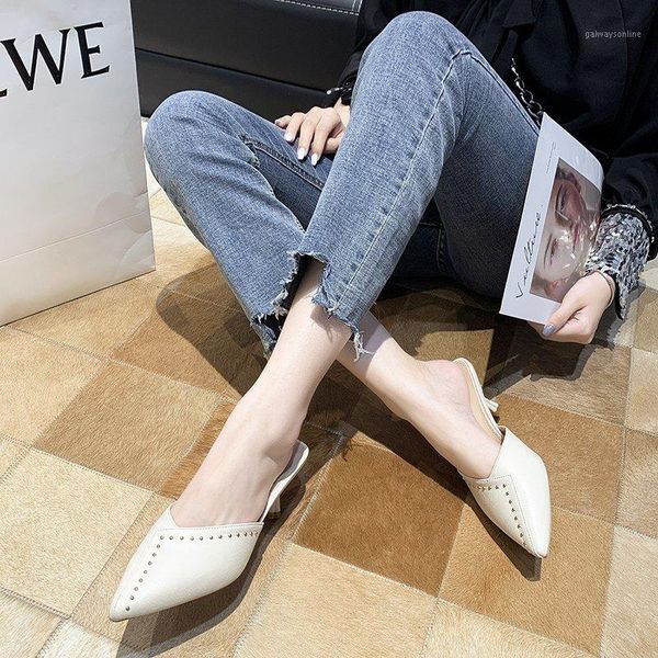 

baotou rivet slippers women 2020 summer new fine heel pointed mid heel women's shoes fashion wild female sandals z7891, Black