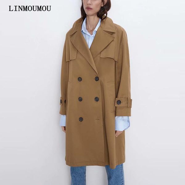 

autumn new women's coat long-sleeved solid color double-breasted windbreaker pocket decoration casual loose lapel windbreaker1, Tan;black