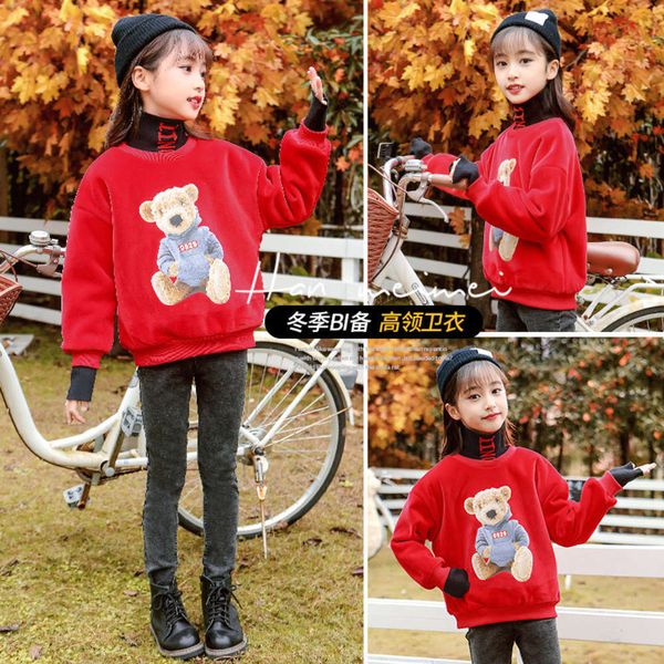 

winter girls' autumn high thickened collar bear cartoon sweater pullover korean children's new little girl's coat, Black