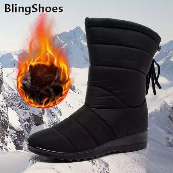 

boots 2021 women winter shoes waterproof mid-calf plus size snow female wedges warm fur woman footwear, Black