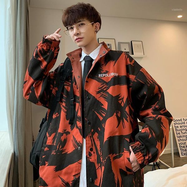 

autumn both sides clothes men neutral windbreaker printing cotton bomber jacket loose coat hip hop large size striped1, Black;brown