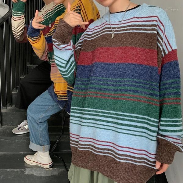 

2020 winter men's stripe printing coats in warm cashmere pullover casual woolen sweater round neck 3 color knitting size -xl1, White;black